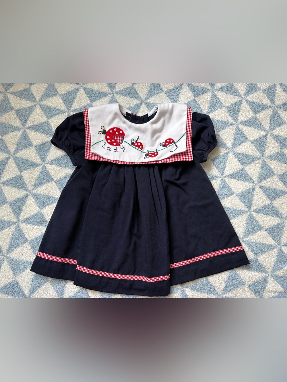 Bonnie Baby Navy Dress with Red and White Ladybug Appliqué 18m